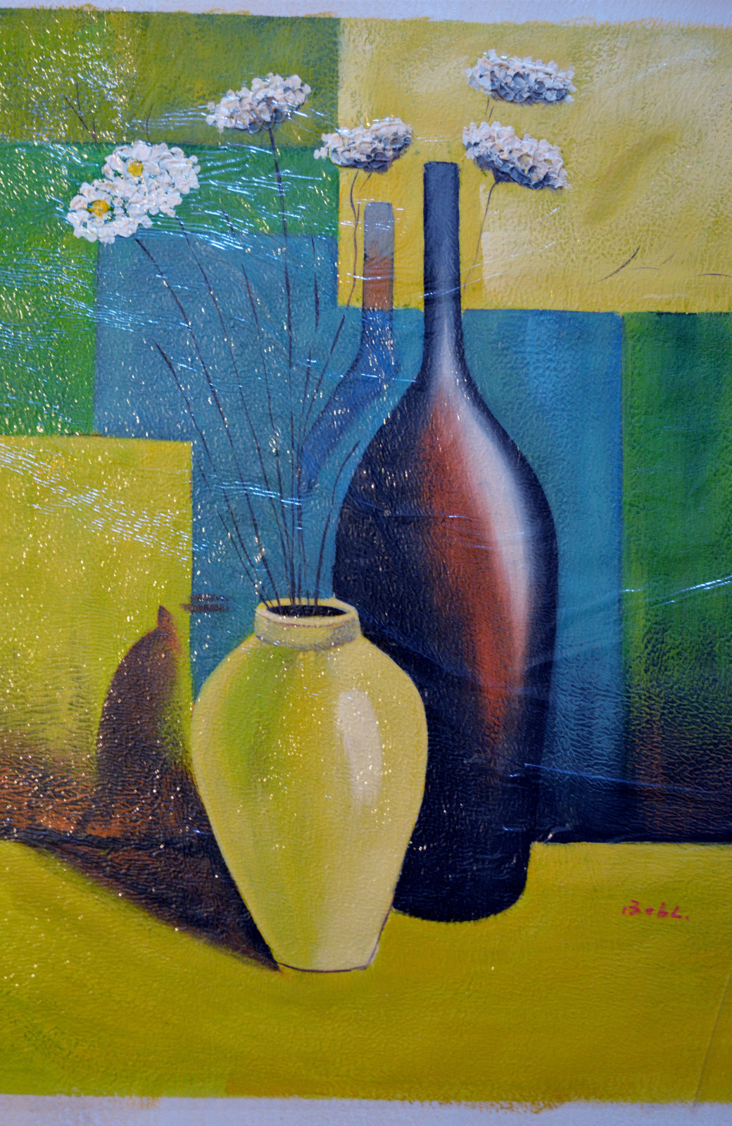 ORIGINAL HAND PAINTED OIL ON CANVAS JARS VASES YELLOW/GREEN /TEAL/BLUE SIGNED