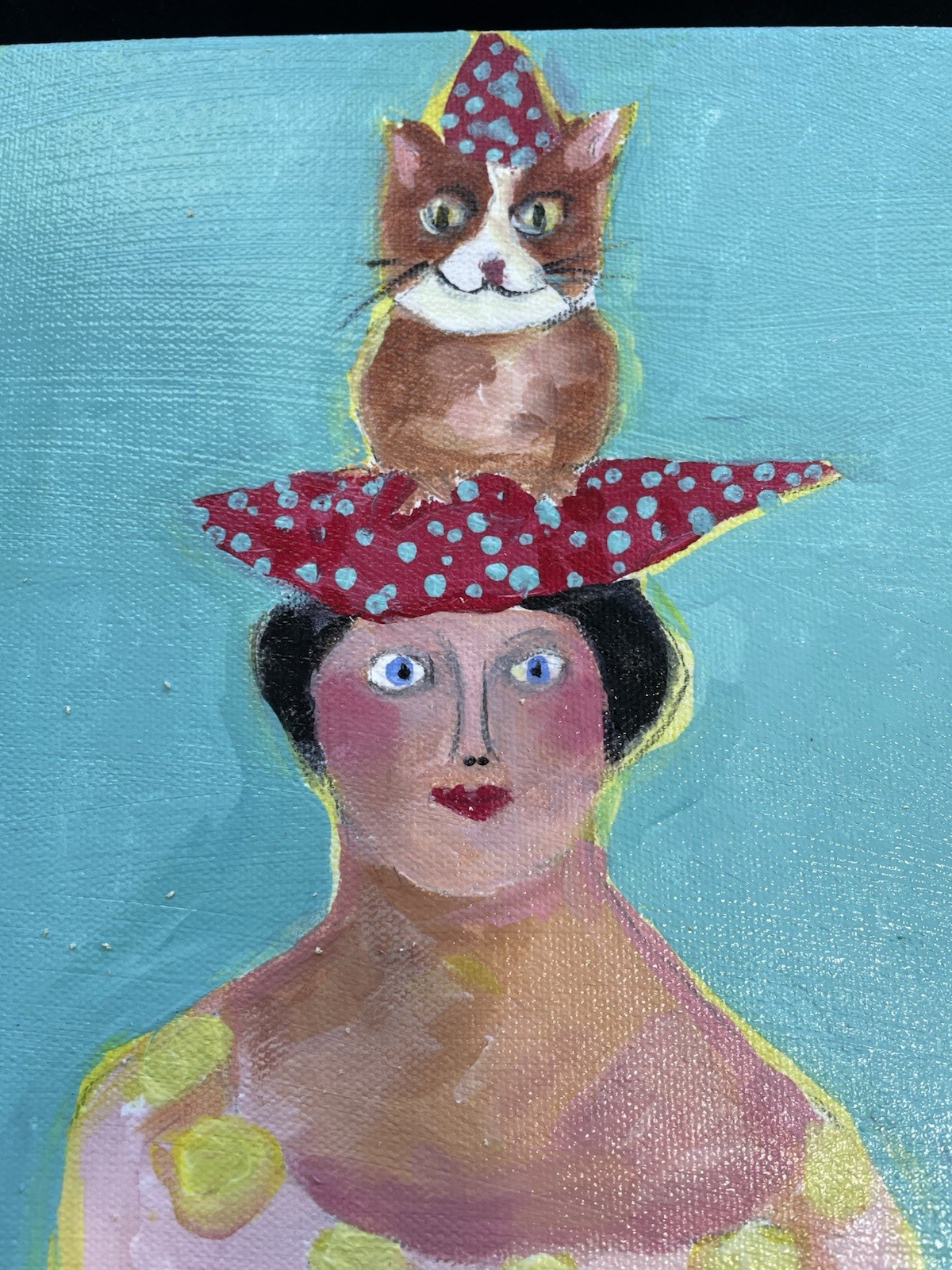 “Companions”Original Acrylic Painting 12”x 9”x1.5”on Canvas Lady &Cat Handmade