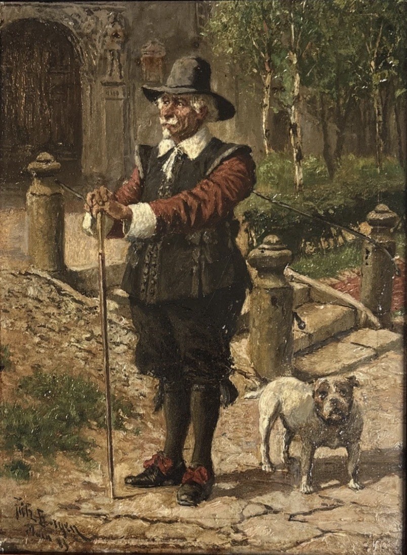 Original Late 19th Century Signed Fritz Bergen Oil Painting Of A Man And His Dog