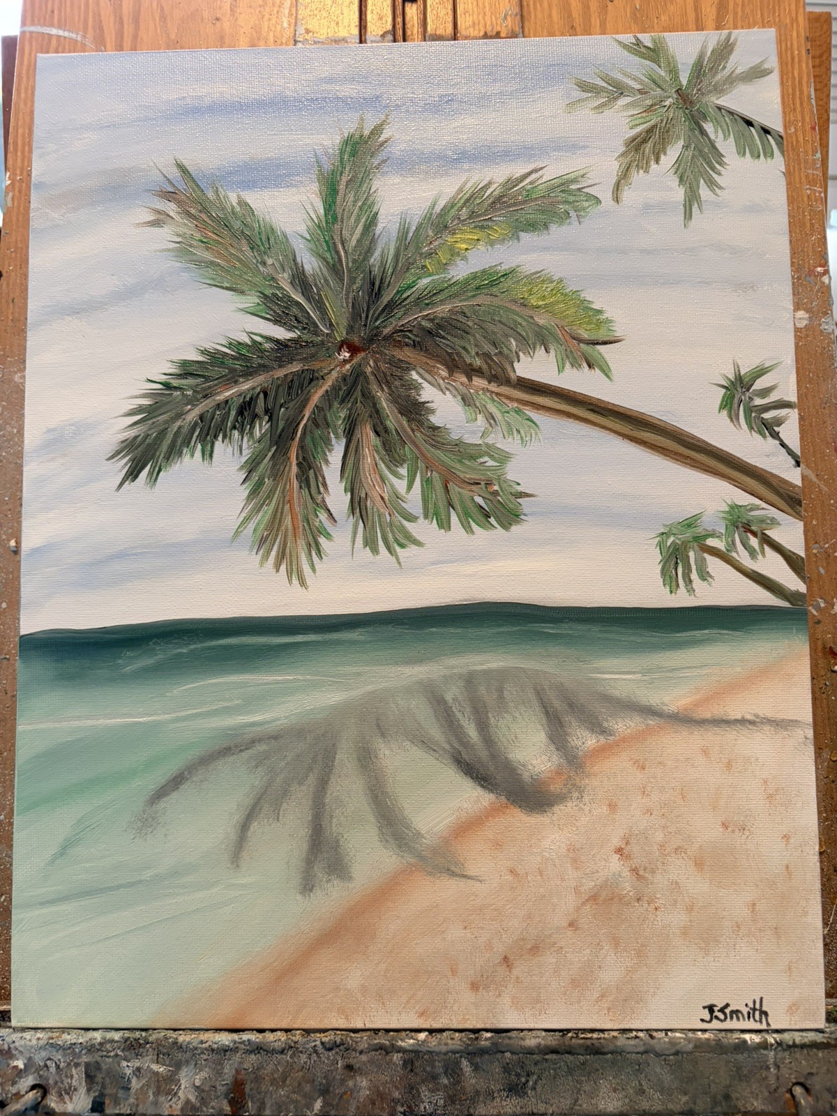Original oil painting 11 x 14 inches palm tree at the ocean signed- free ship