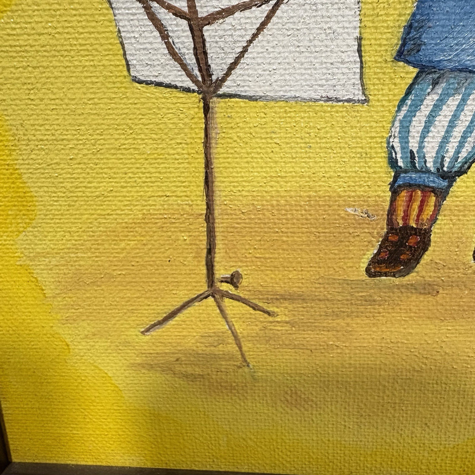 Framed Canvas Painting Small Signed E Weeks Boy Playing Flute 8.5” X 6.5”