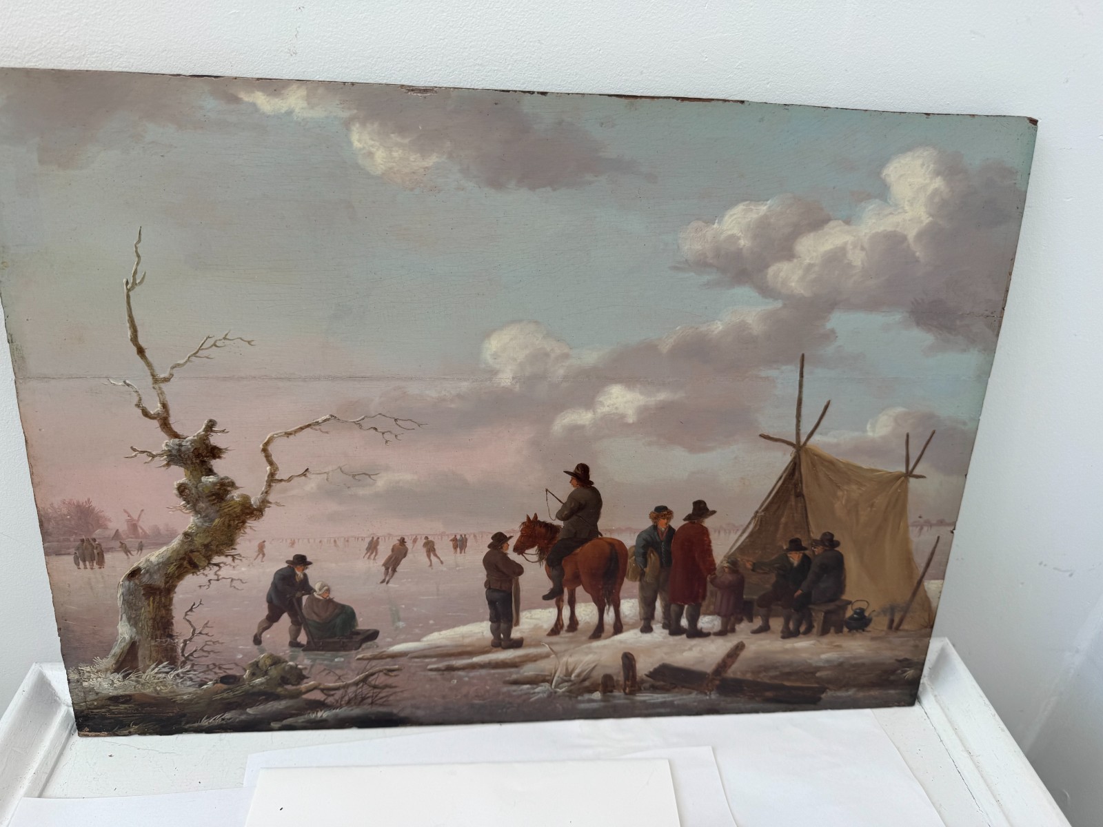 Antique Dutch Painting Winter Sceneon wood panel