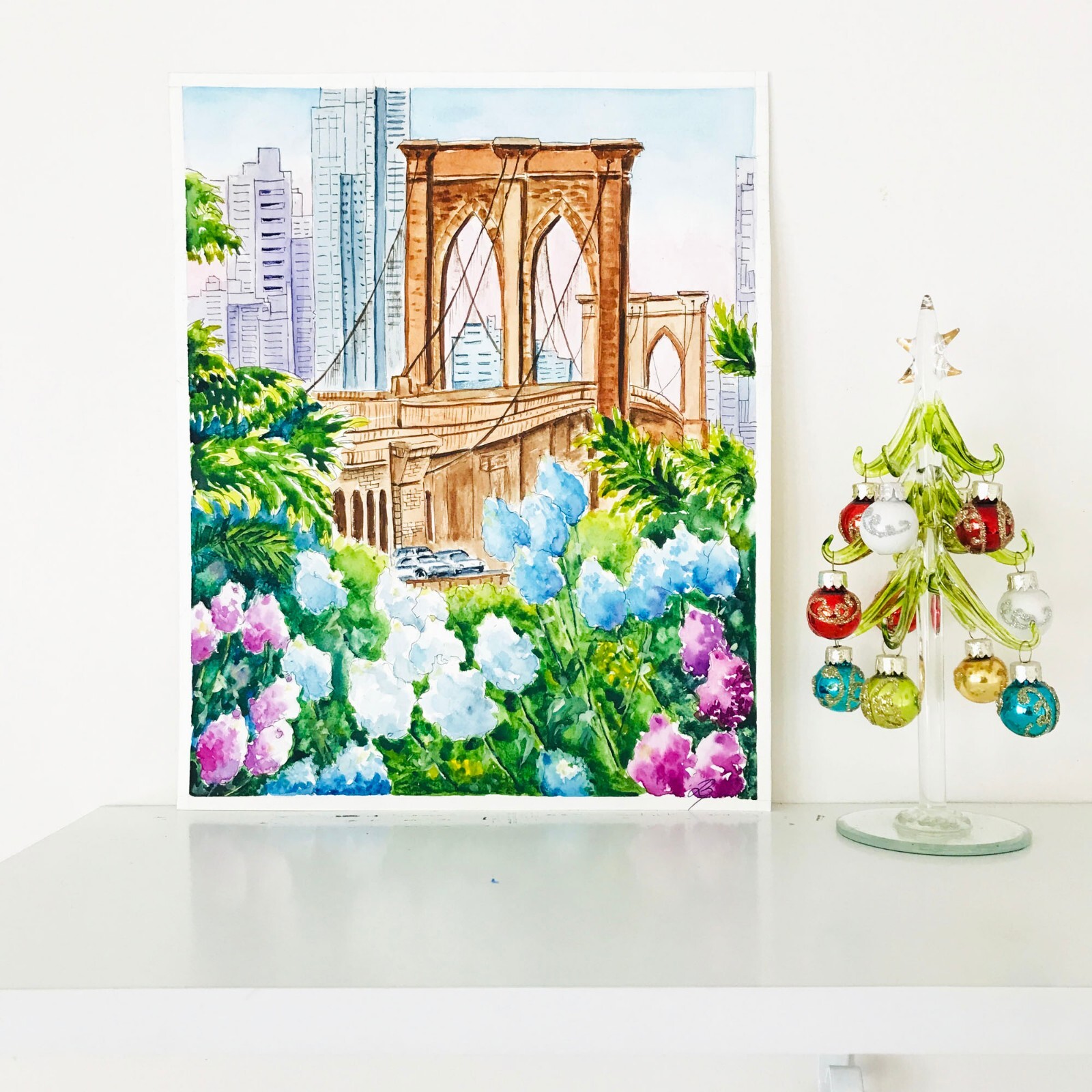 Original Art New York City Watercolor Brooklyn Bridge Painting NYC 12 x 9″