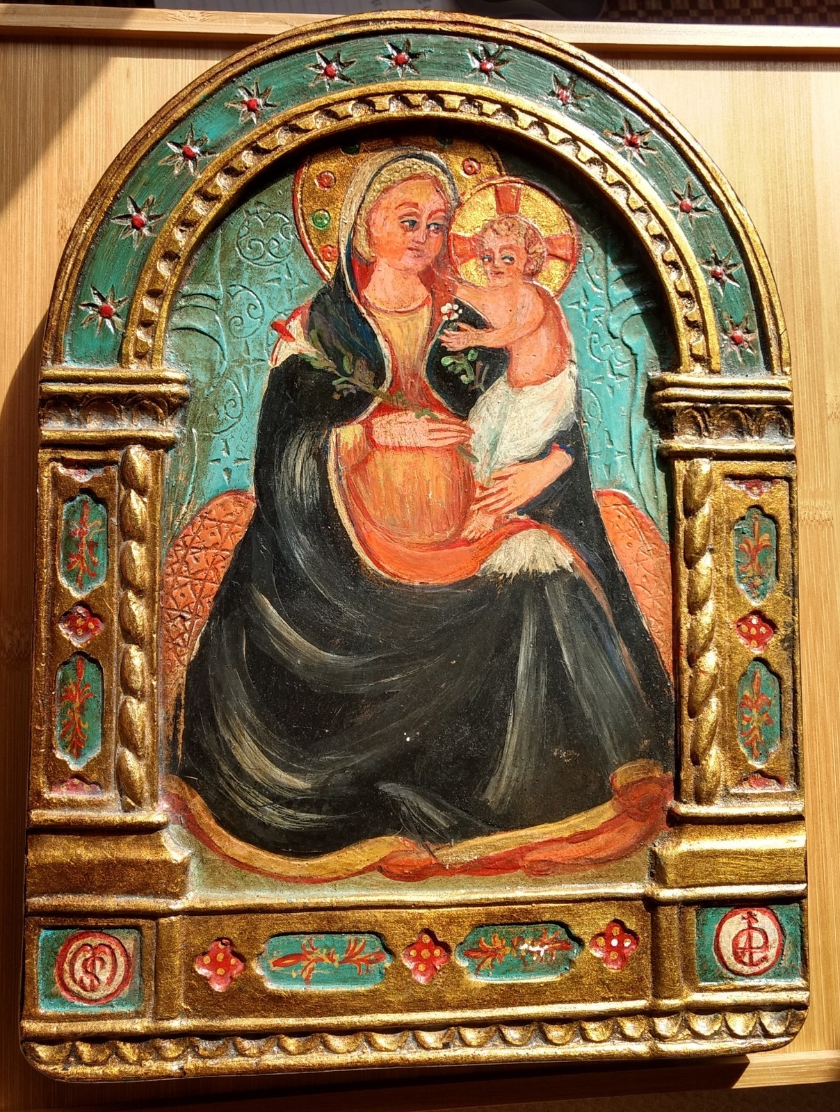 Mother & Child Art Icon Religious Painting Carved Wood Barcelona Spain Gold Leaf