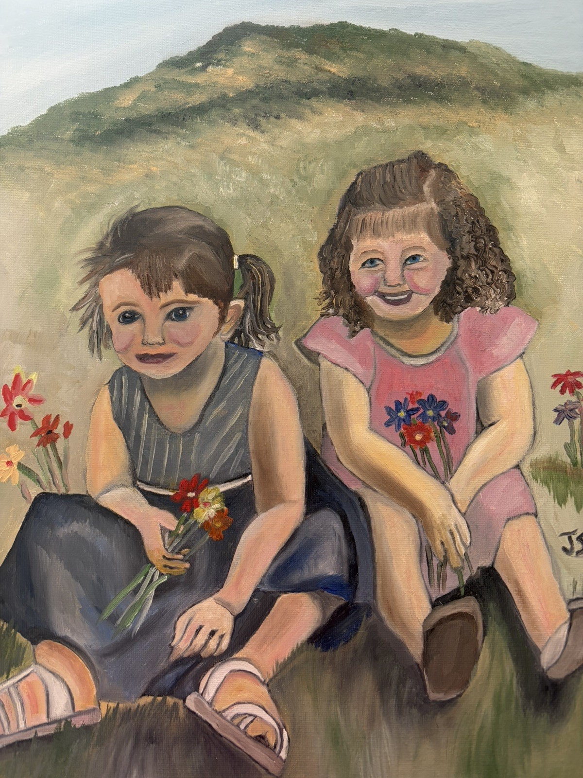 Original oil painting 11 x 14 in beautiful scene 2 little girls picking flowers