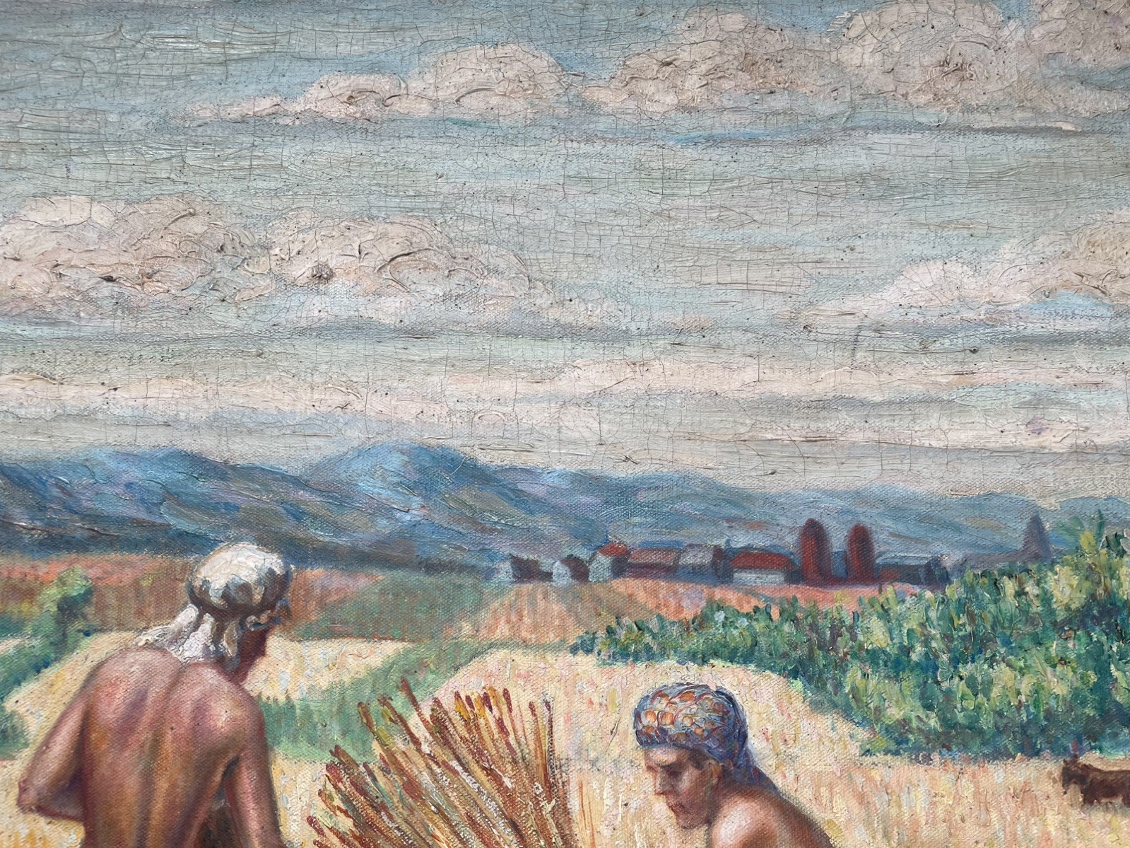 ANTIQUE OIL PAINTING NUDE WHEAT HARVESTERS ORIGINAL