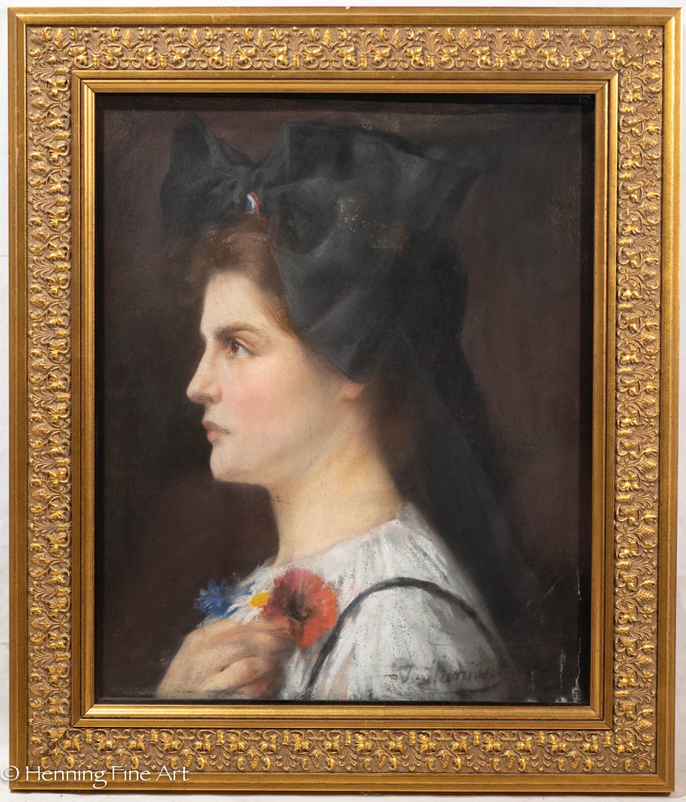 Stunning Antique Female Portrait Pastel Painting on Canvas Illegibly Signed
