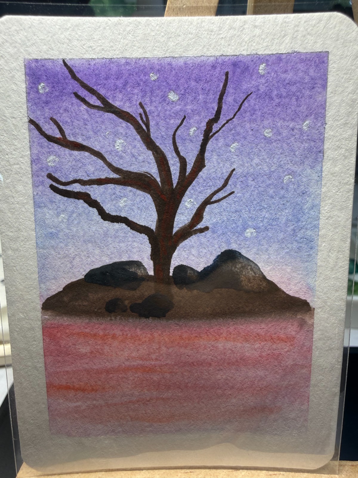 ACEO Original OOAK Signed (Not a Print) «Quiet & Calm» Tree and Night Sky Art