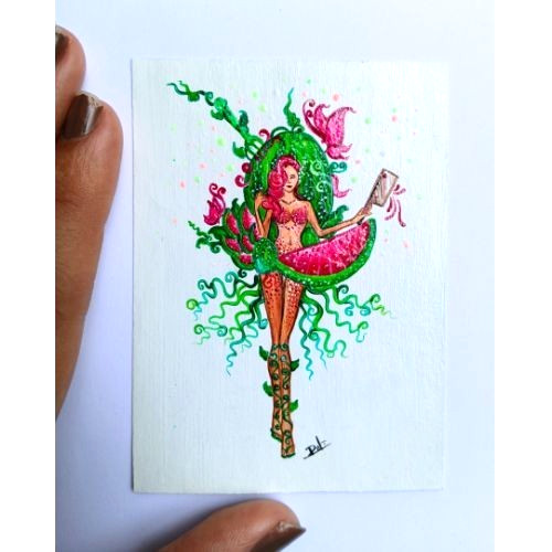 ACEO Original Abstract Fruit Lady UV Radiant Acrylic Pop Art Hand Paint NEW OOAK