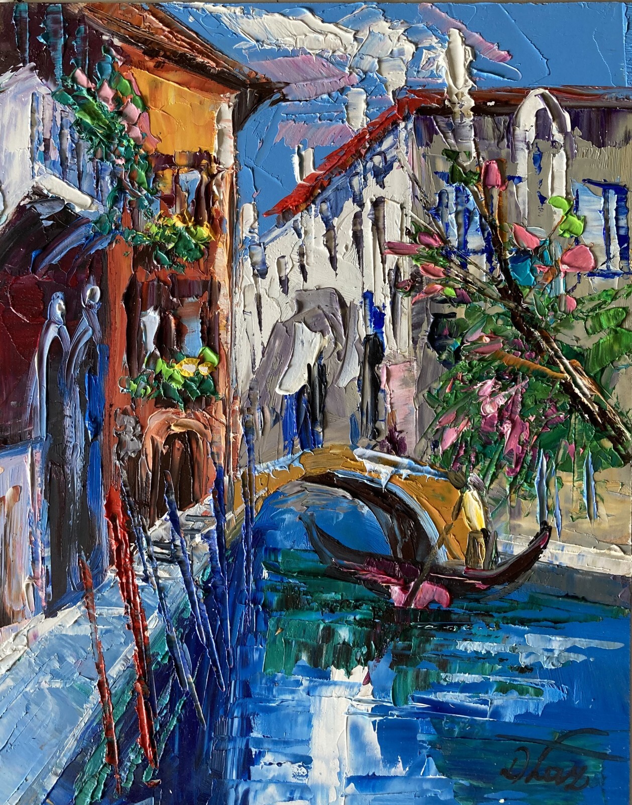 Landscape Venetia Town Bridge Gondola Original Oil Painting Dorothy Laz