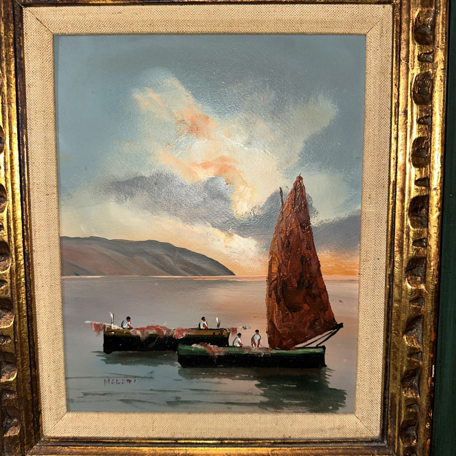 Giovanni Maratti Italian Harbor Oil Painting Fishing Boats Antique Gilt Frame