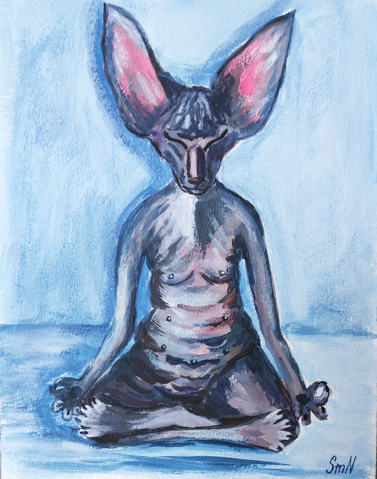 Original Art Meditation Cat Portrait Relax Pet Outsider Painting Kitten Zen