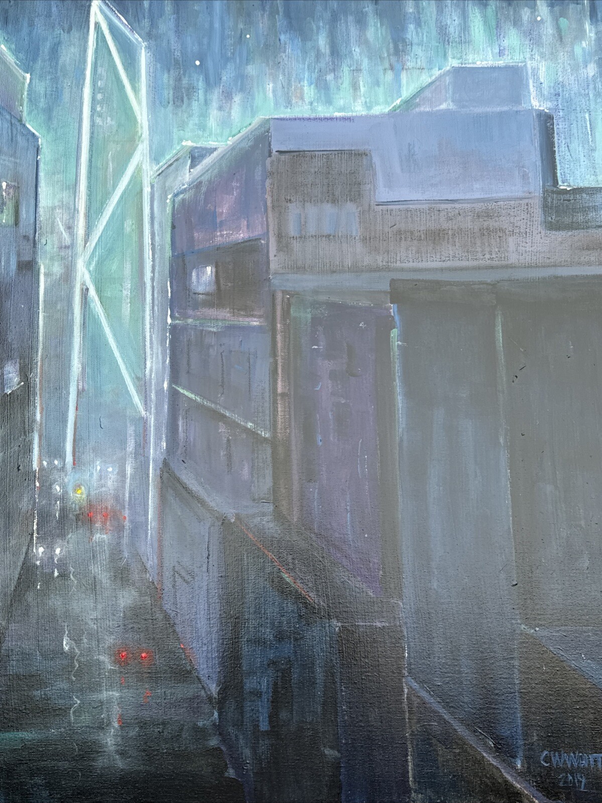 CHARLES WHITE PAINTING CITYSCAPE NIGHT URBAN LIGHTS CITY FOG MODERNIST RARE