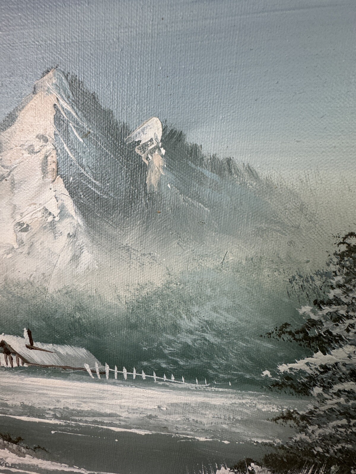 Winter Scene Painting -Snow covered Cabin with mountains, water and trees Signed
