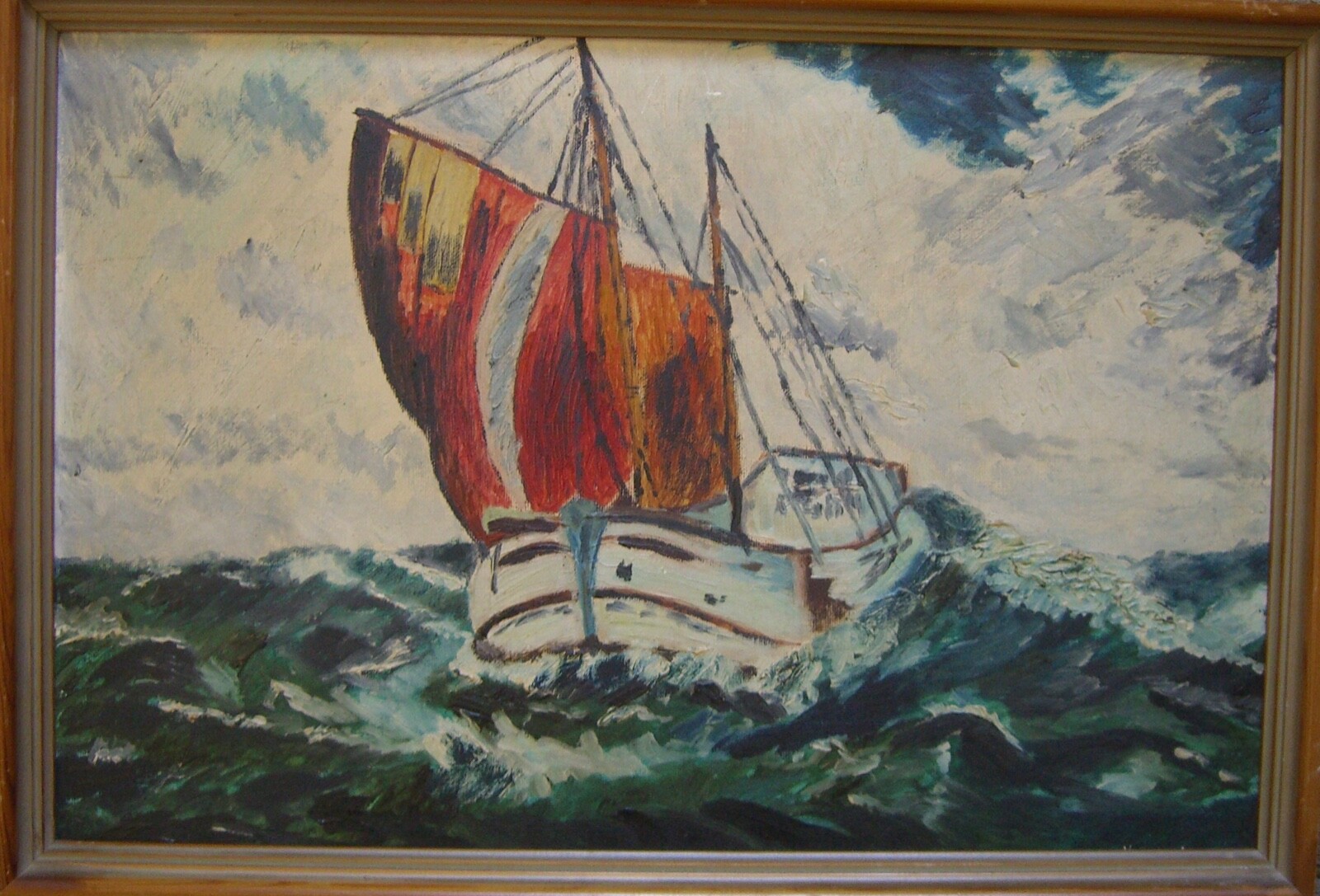 ::OIL PAINTING ° SEA MARITIME WAVES SEAFARING SAILING SHIP ° EXPRESSIONISM ANTIQUE