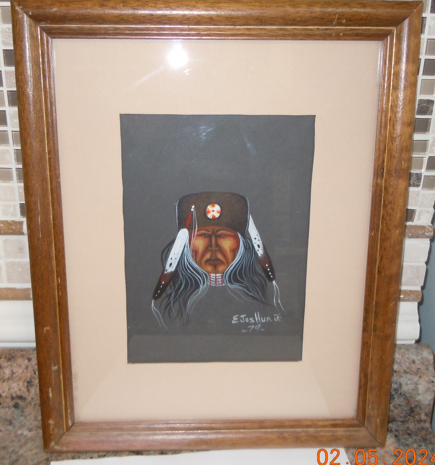 ORIGINAL CREEK/SEMINOLE PAINTING «OSAGE MAN» SIGNED E. JOSHUA JR. ’79