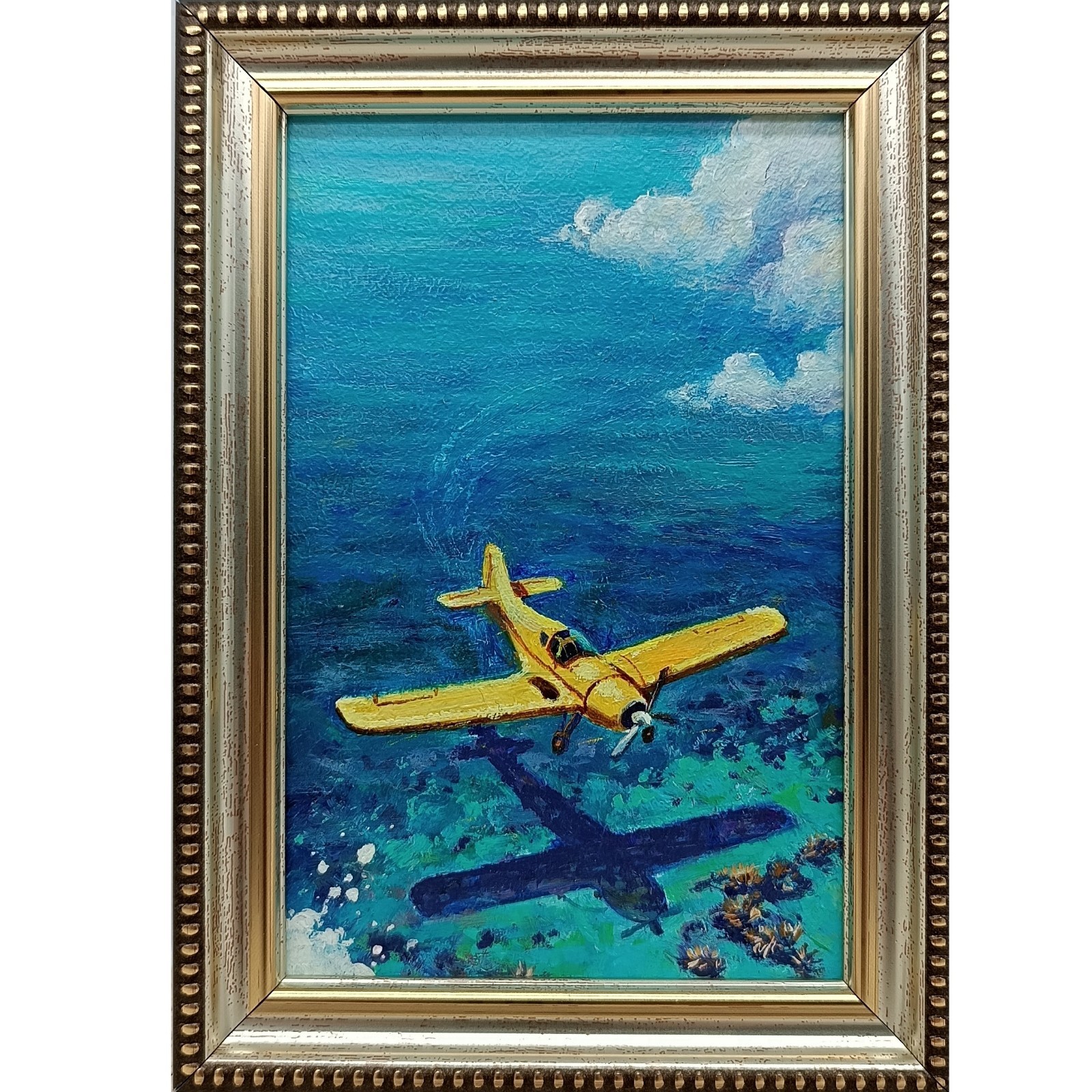 Yellow Airplane Original Oil Painting Framed Signed Aviation Ocean Seascape Art