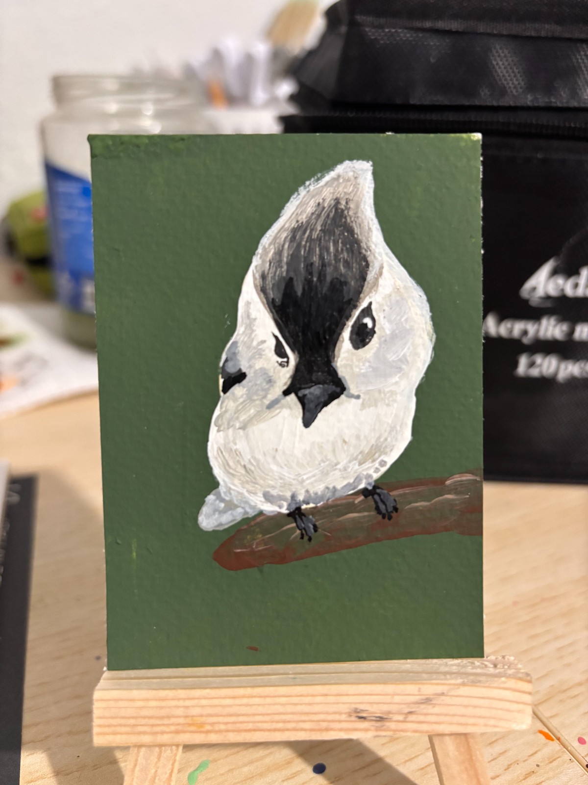 ACEO Original, Black Crested Finch on a Branch, Acrylic Painting, 2.5 x 3.5 in