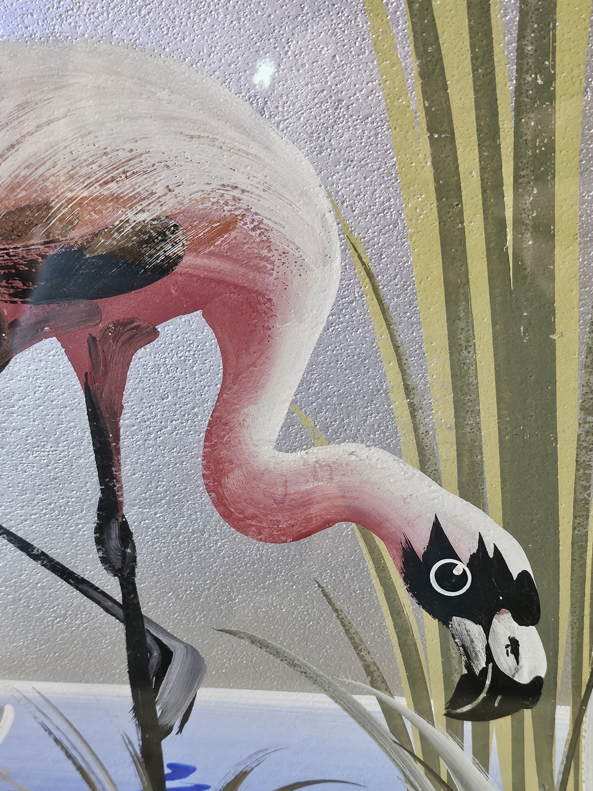 Vintage 1950s Pink Flamingo Devoe Original Painting Gold Frame 15.5″x19.5″