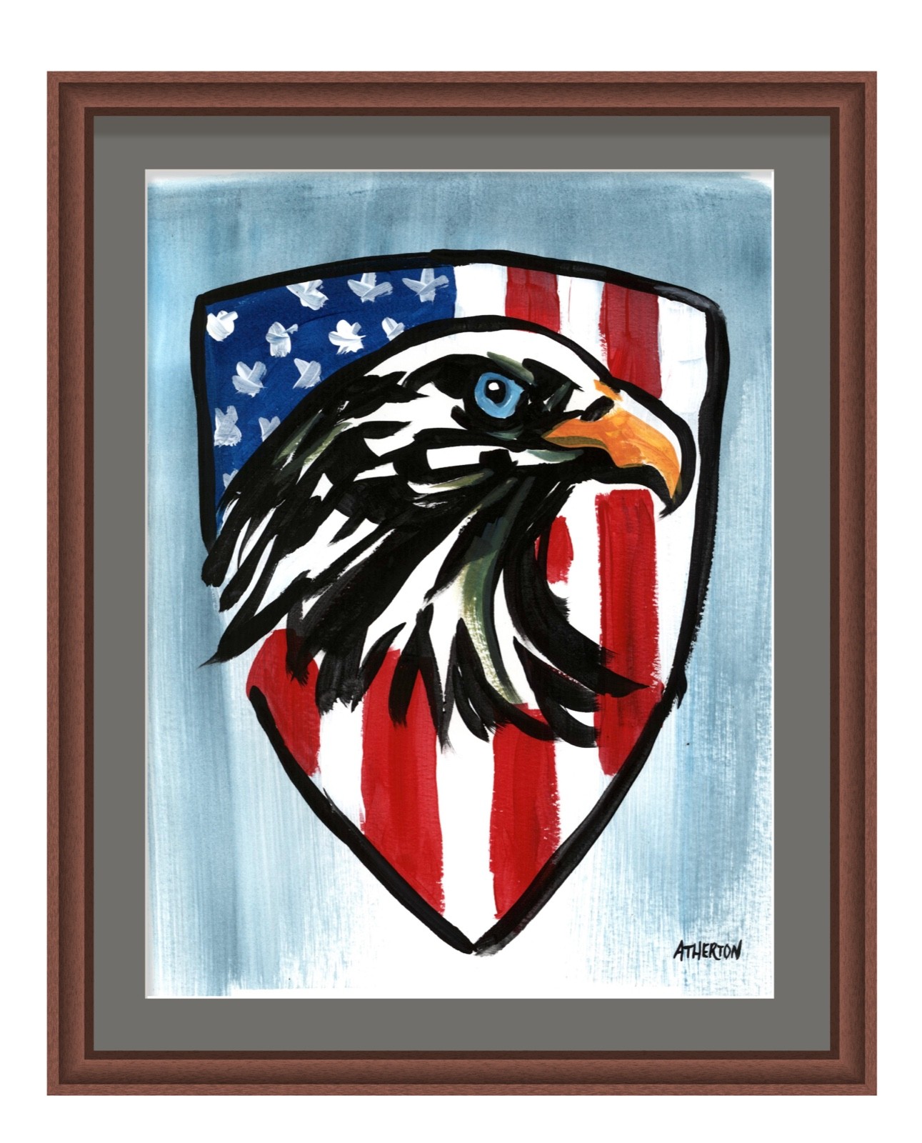 Atherton 9×12 Original Patriotic badge Acrylic Painting «Eagle shield» signed