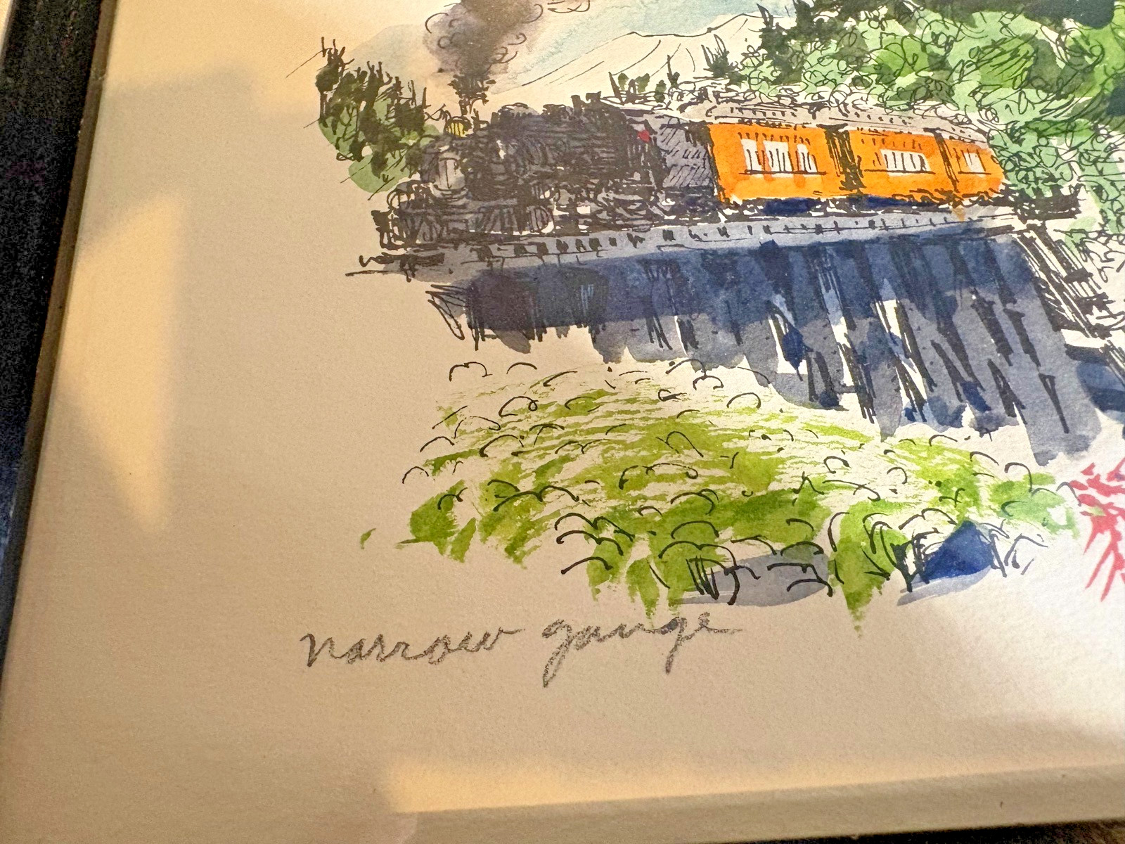 Original Watercolor Ink Painting SIGNED Russell Steel Train Railroad Narrow Gaug