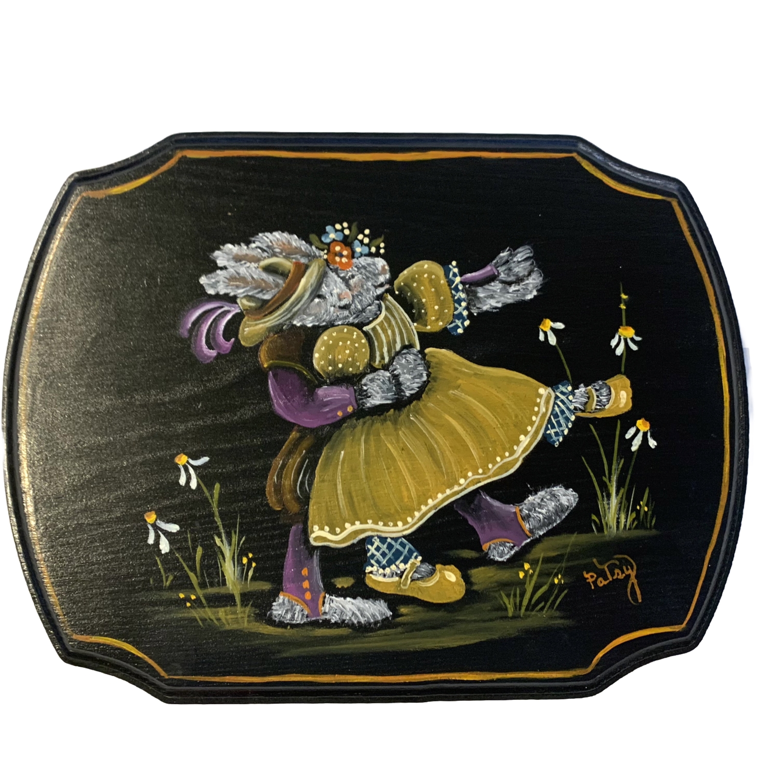 Vintage Hand Painted Tole Rabbit Wood Wall Hanging Plaque Signed Folk Art