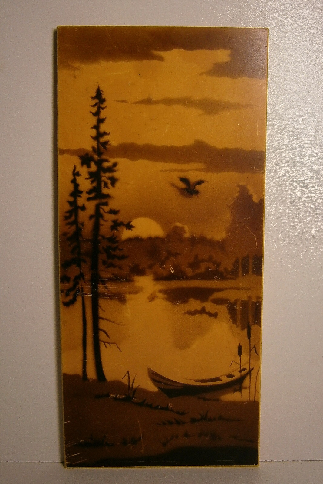 Old Fishing Boat Summer Lake River Sunset Brown Painting 70s Vtg Plastic Picture