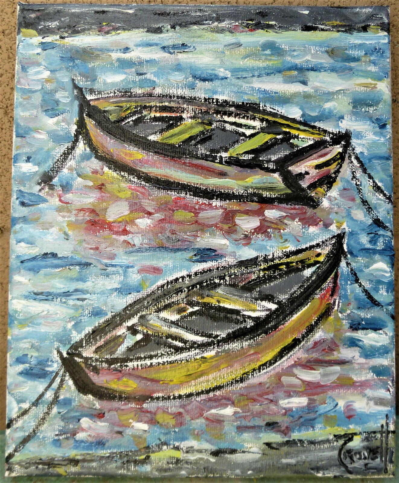A PAIR OF BOATS new wow canvas fishing oil painting 8×10 art original Crowell