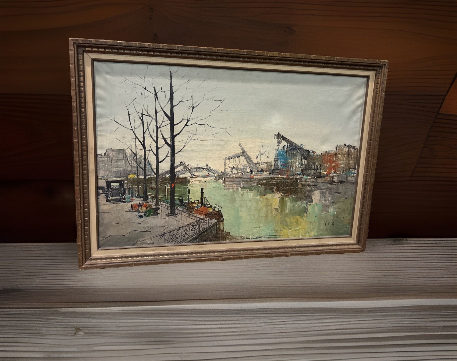Large English Oil Painting Industrial Cityscape Framed 40×28” Vintage MCM
