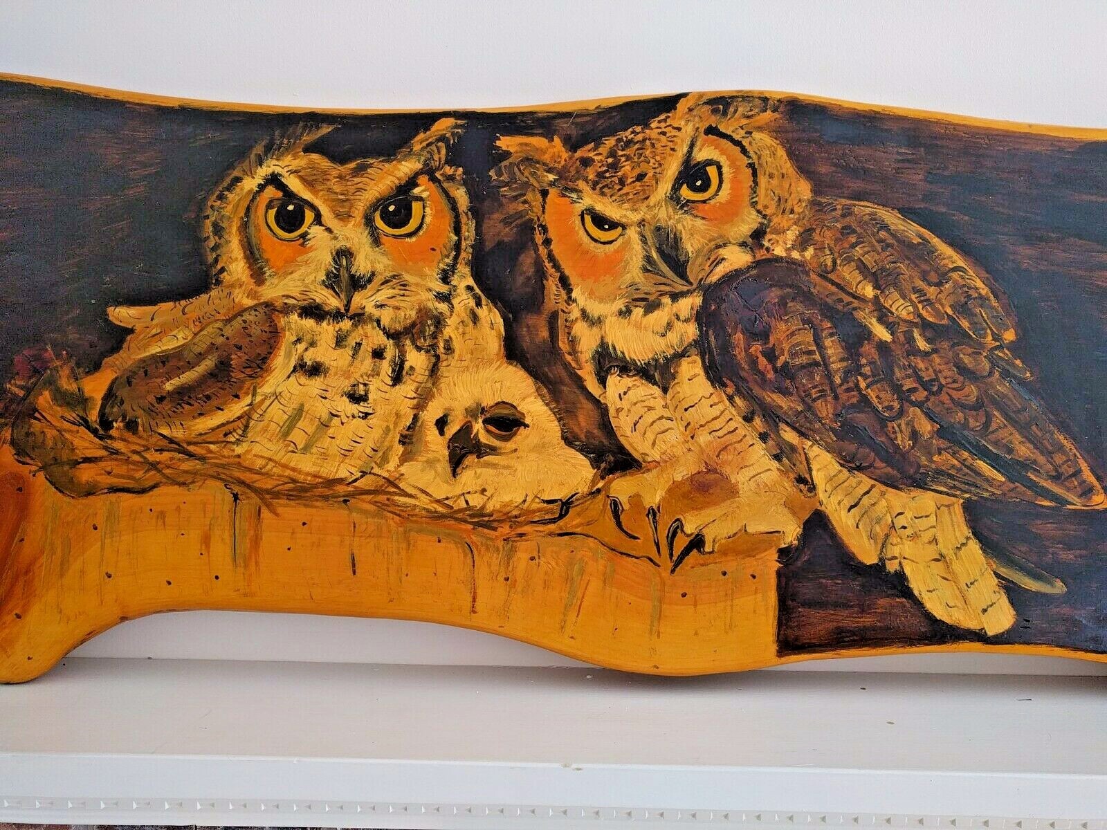 Large original Wooden Wall Painting or Tabletop: Owl Family rustic primitive