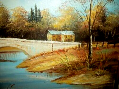 Hollywood Regency French Impressionist Oil Painting Landscape Chateau Bridge