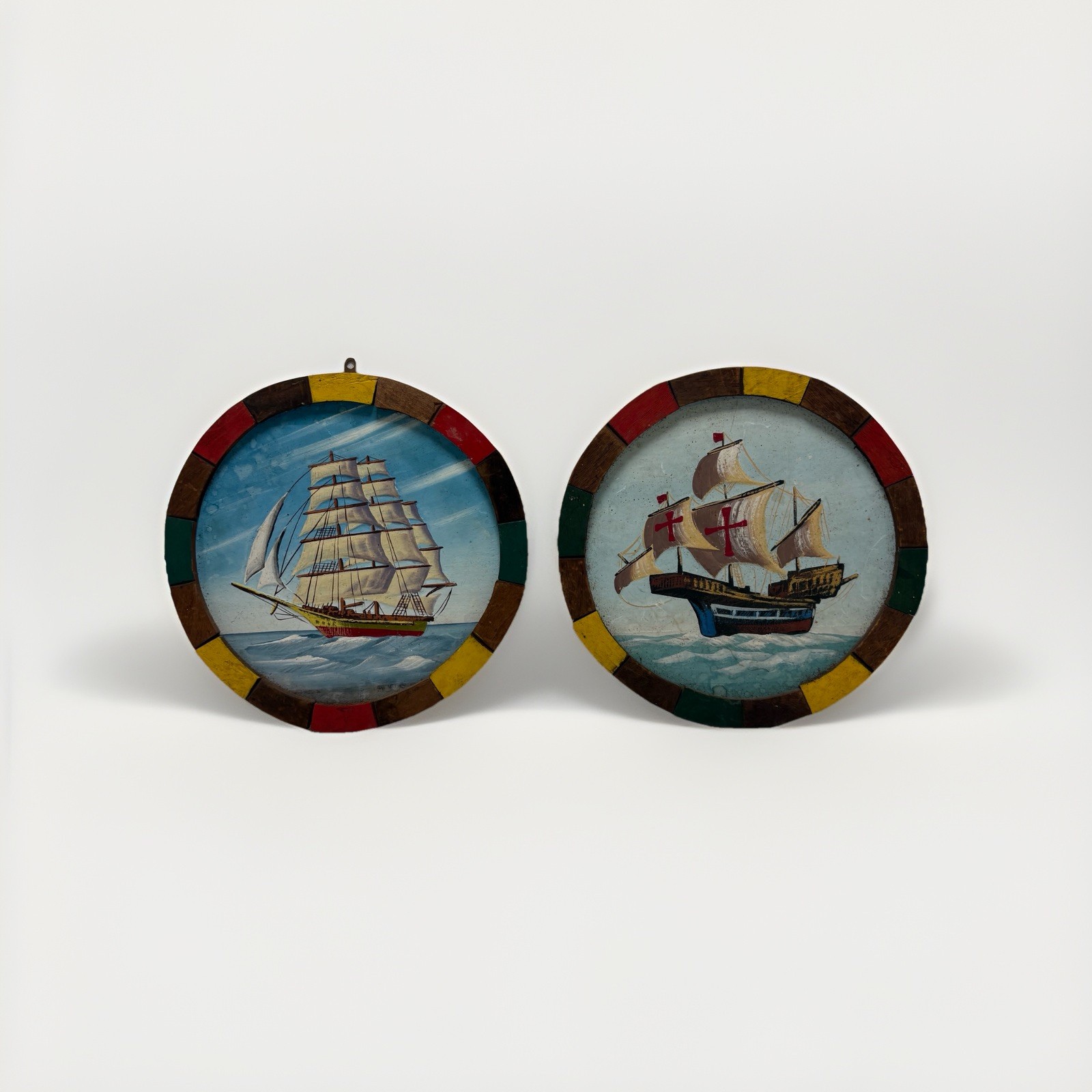 Vintage Sailboat Ship Painting Set Of 2 Painted On Wood Santa Maria 9.75”