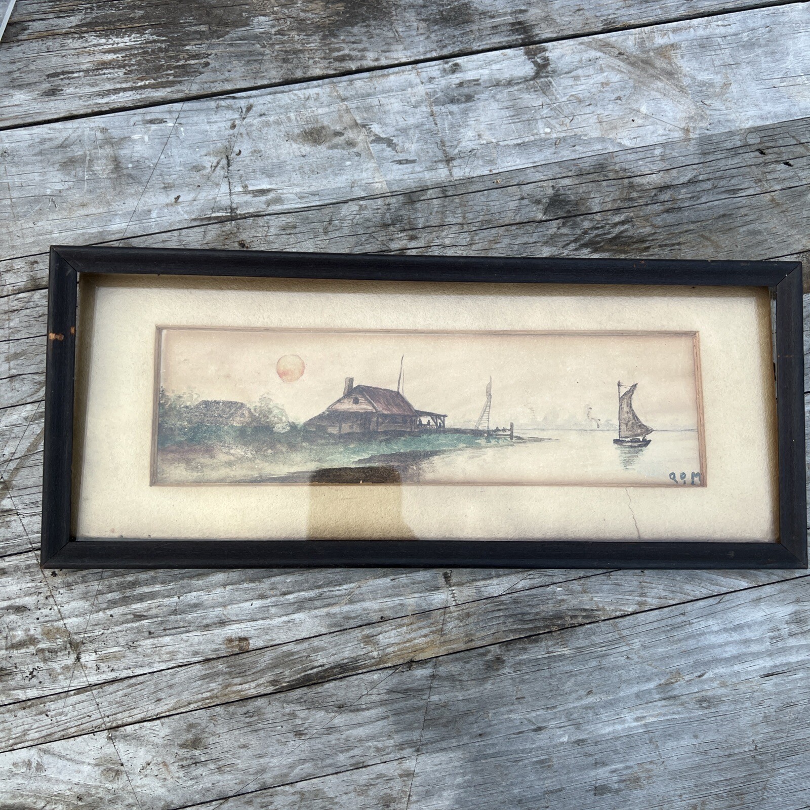 Watercolor on Paper signed dated 1916 house on Bay boat 11″ x 3 1/2″