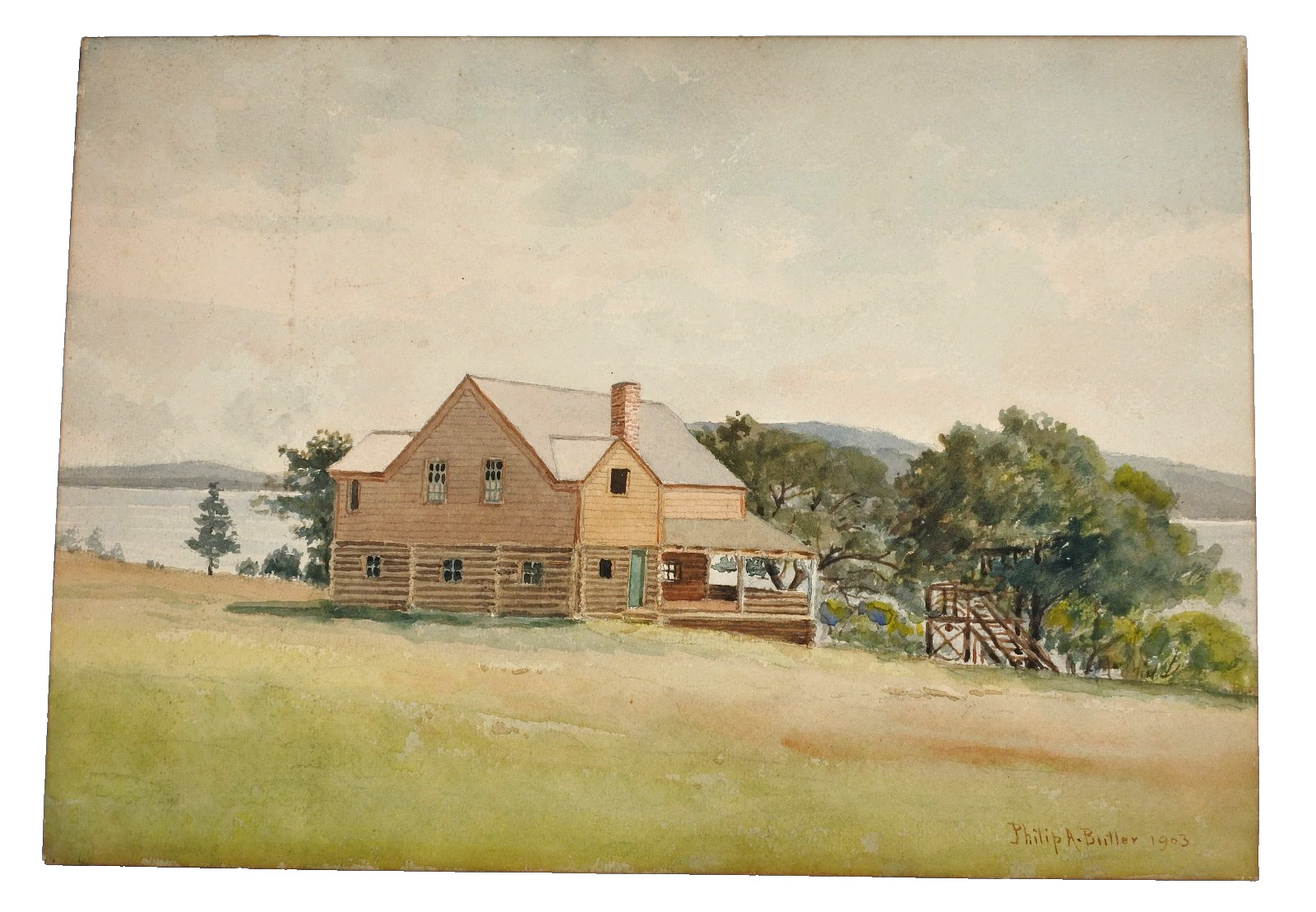 Antique 1903 Watercolor Landscape by Philip Butler American Log House by theLake