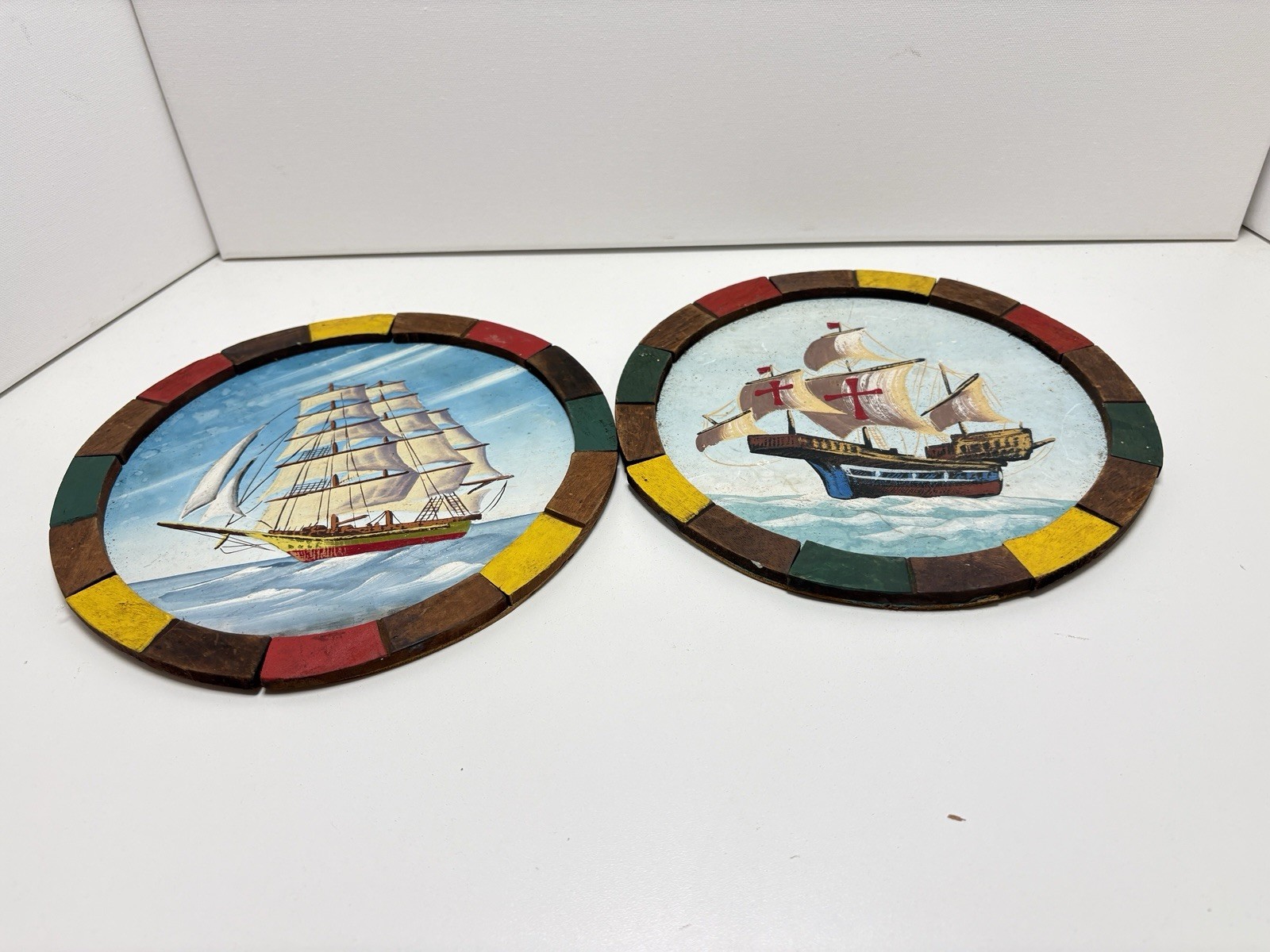 Vintage Sailboat Ship Painting Set Of 2 Painted On Wood Santa Maria 9.75”