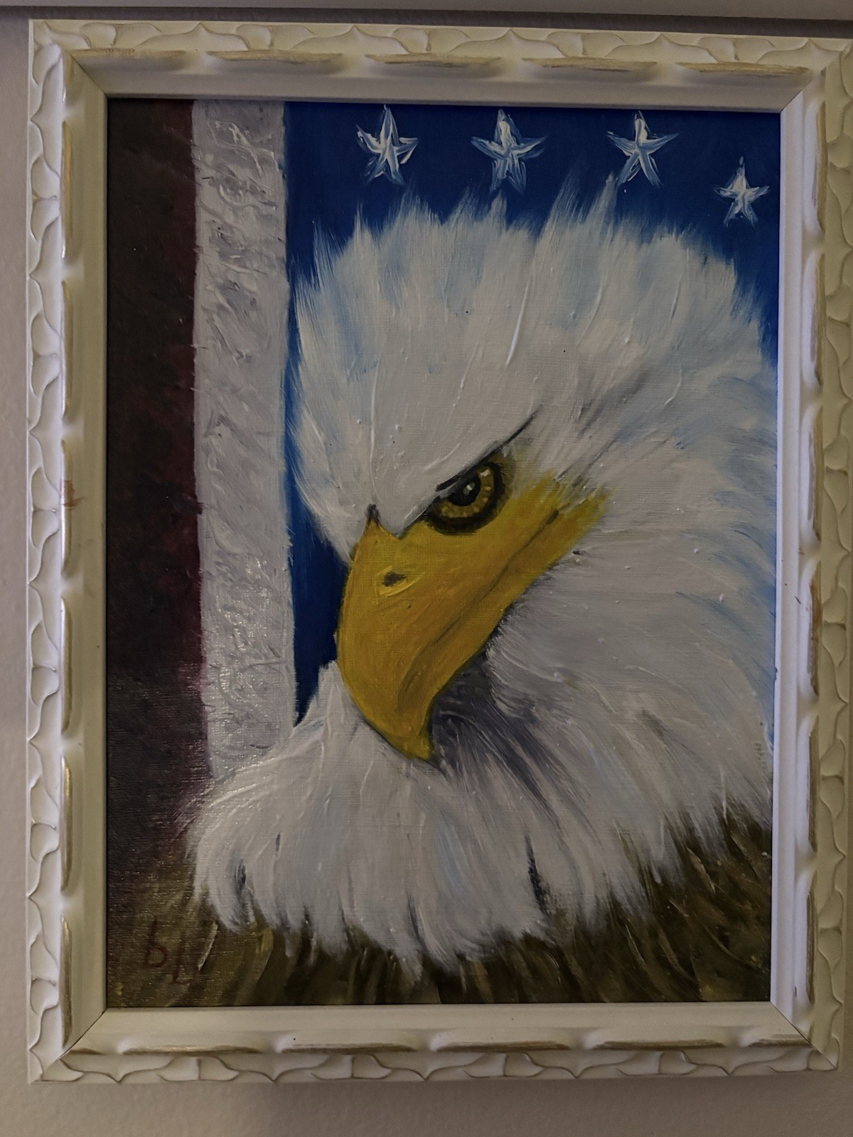 Original Framed Oil Painting Bald Eagle American Flag Stars Patriotic Signed