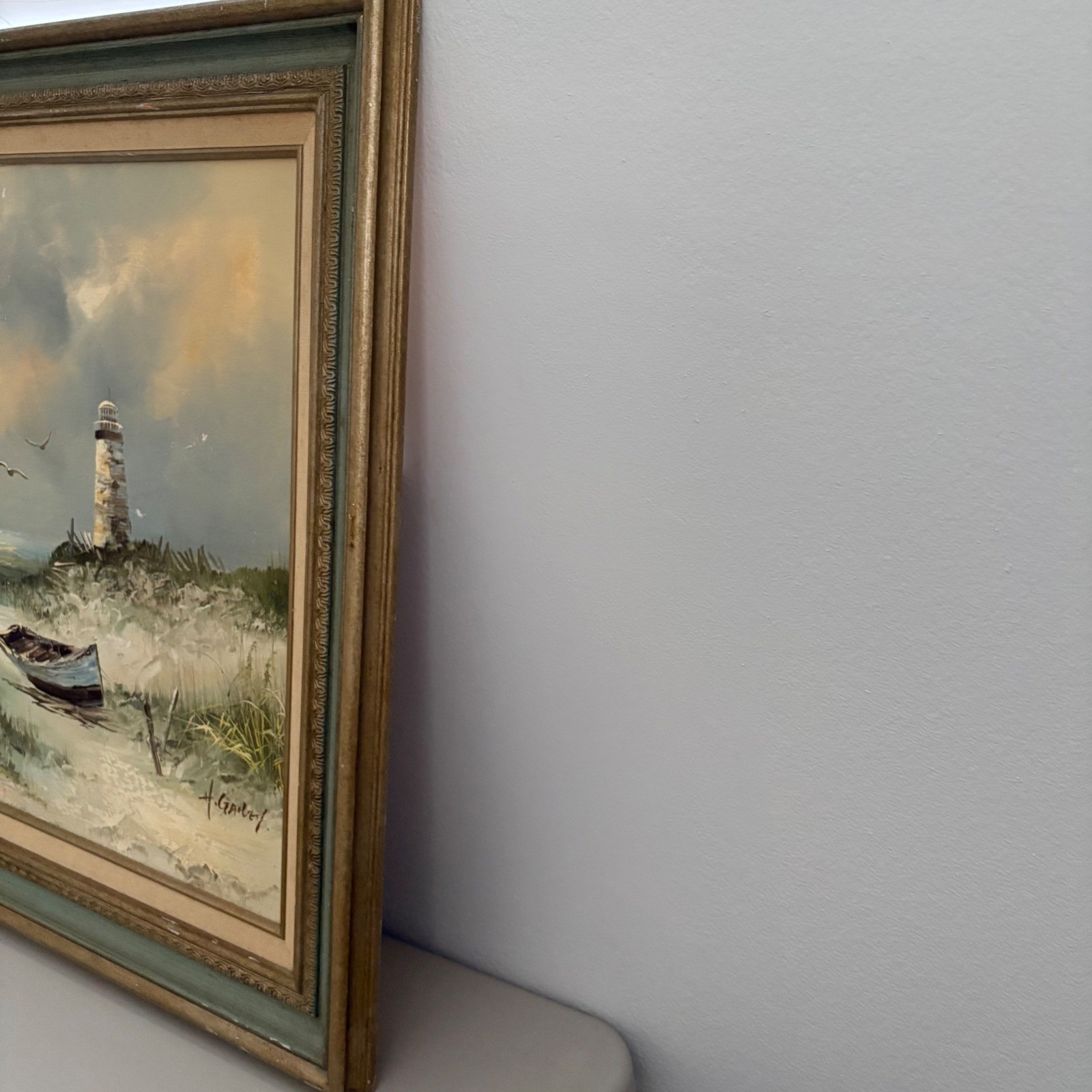 H Gailey Signed Original Oil Painting Lighthouse Beach Boat Peace Framed 29×25