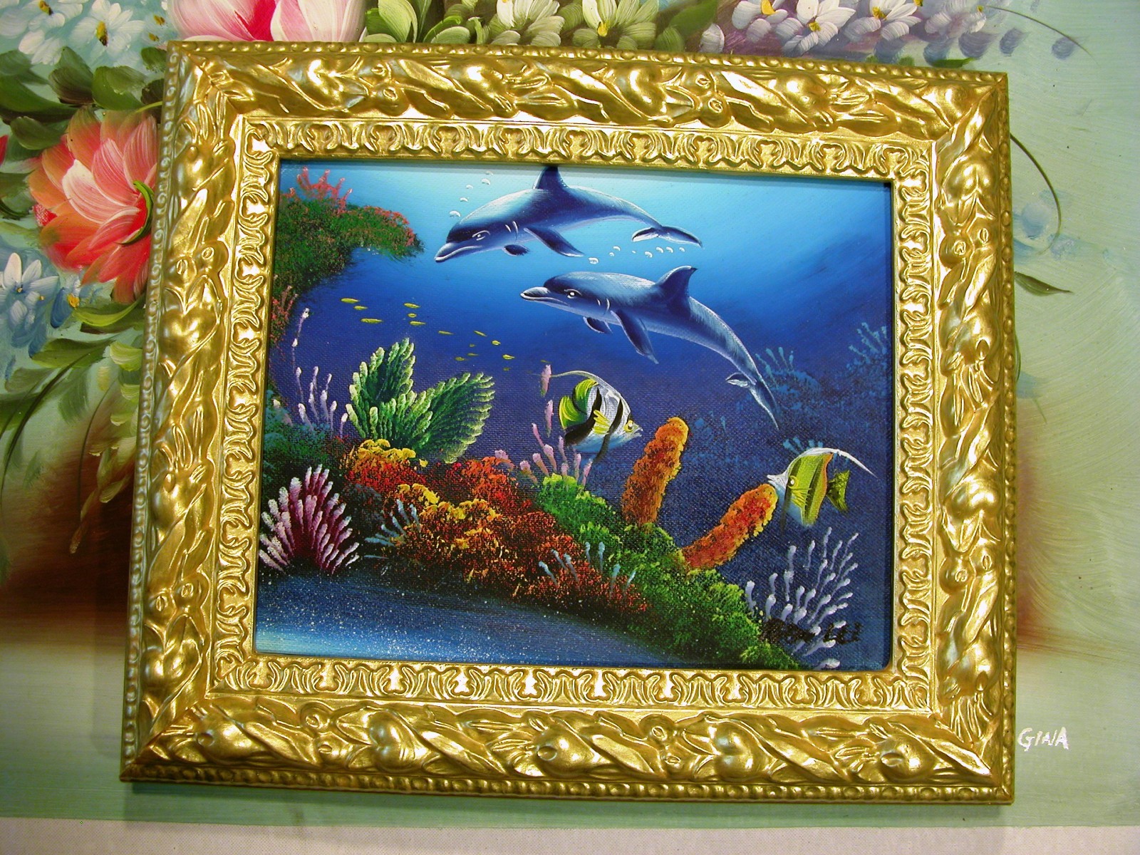 DOLPHIN FISH UNDERSEA CORAL REEF 10″ OIL PAINTING OFFICE HOME DECOR ART GIFT F13