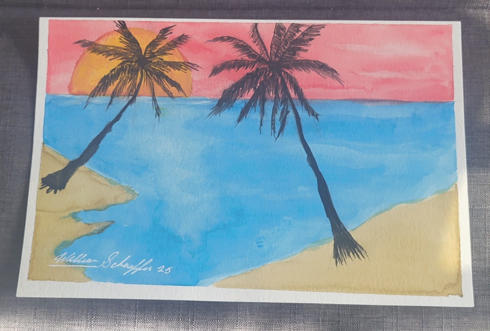 Original W. Schaeffer Watercolor Painting «The Caribbean» Seascape Signed 7×10