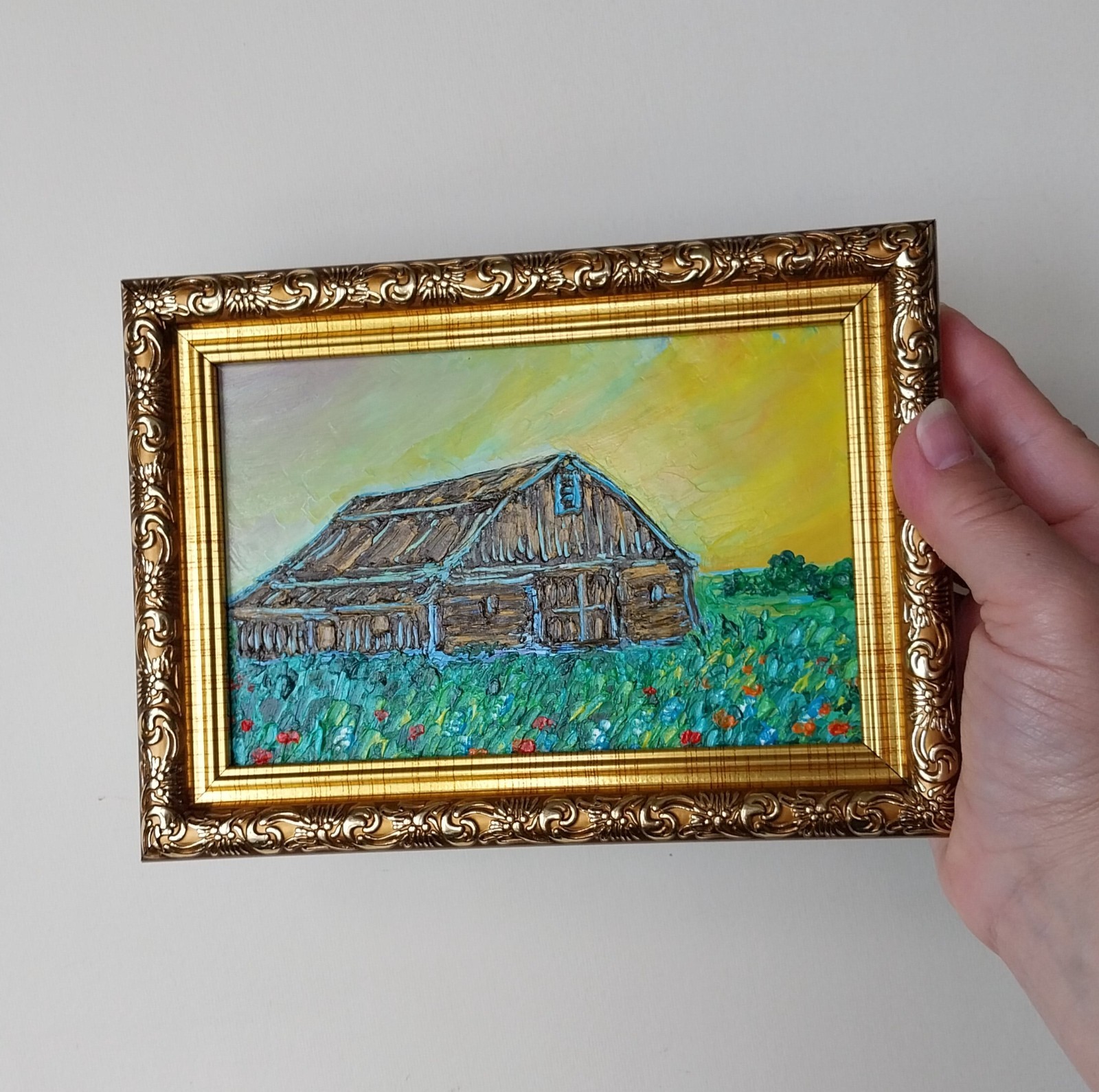 Framed Old Barn Art Countryside Sunset Rural Landscape 4×6 Oil Painting Original
