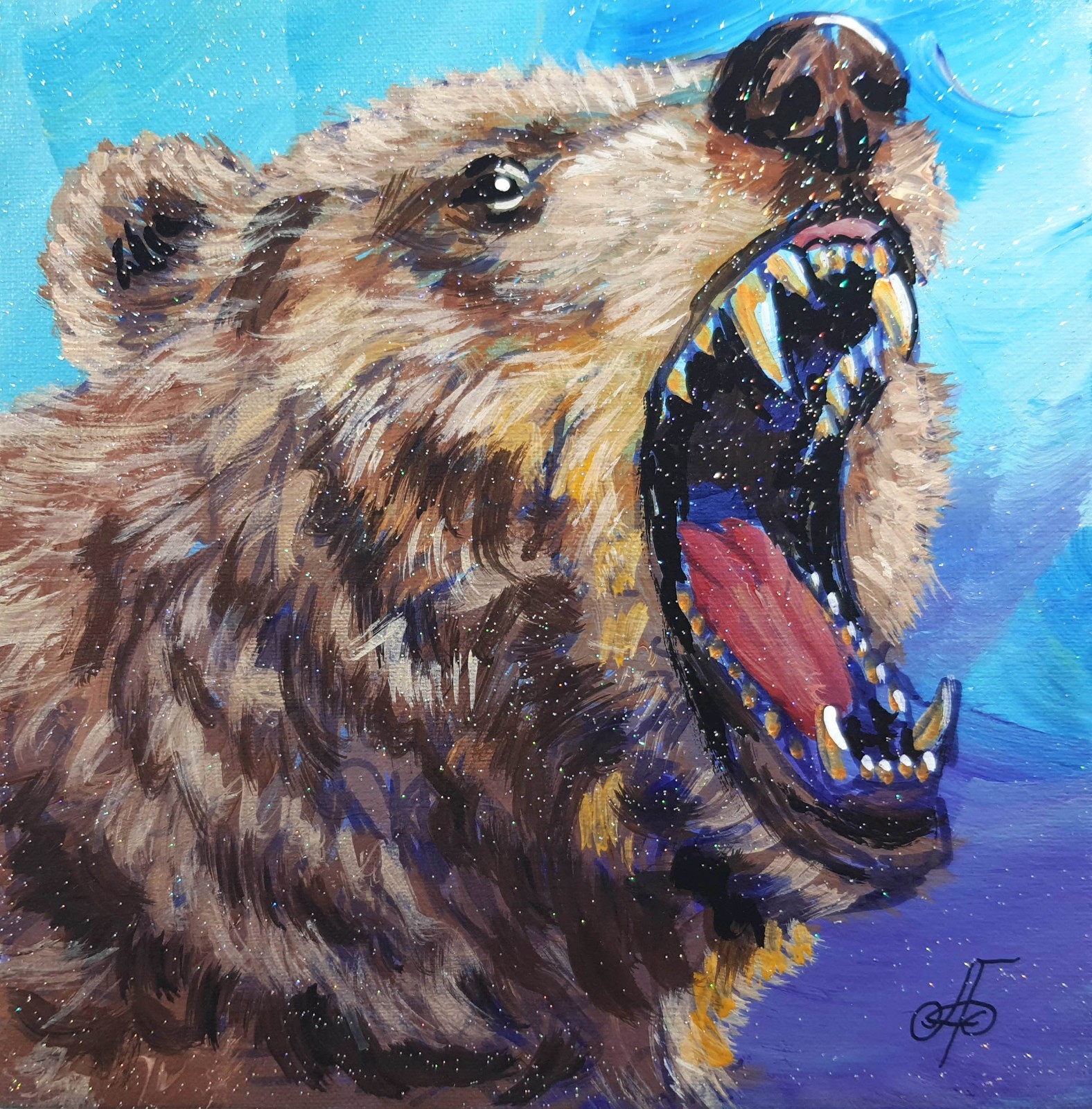 Original Acrylic Painting Roaring Grizzly Bear Portrait Small Hand Painted Art