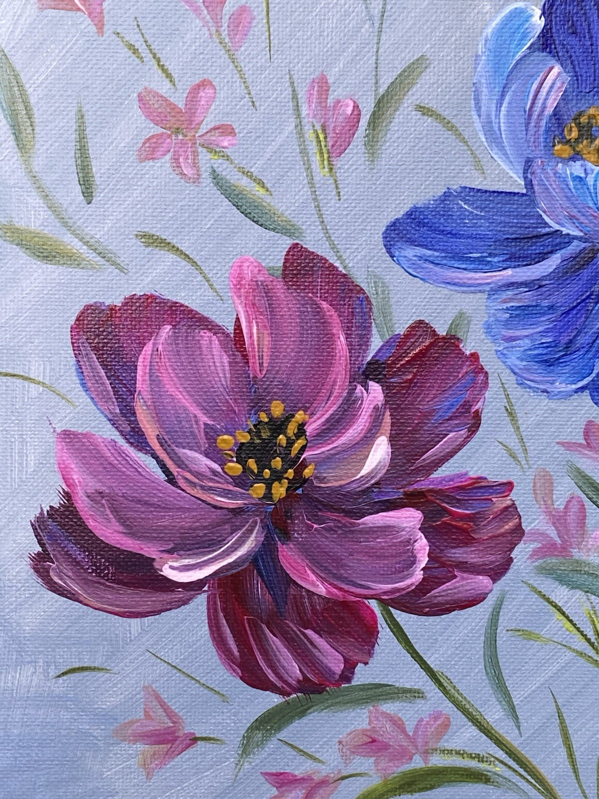 Cosmea Acrylic Painting Pink Blue Flowers Wall Art 8×10 Floral Wall Decor