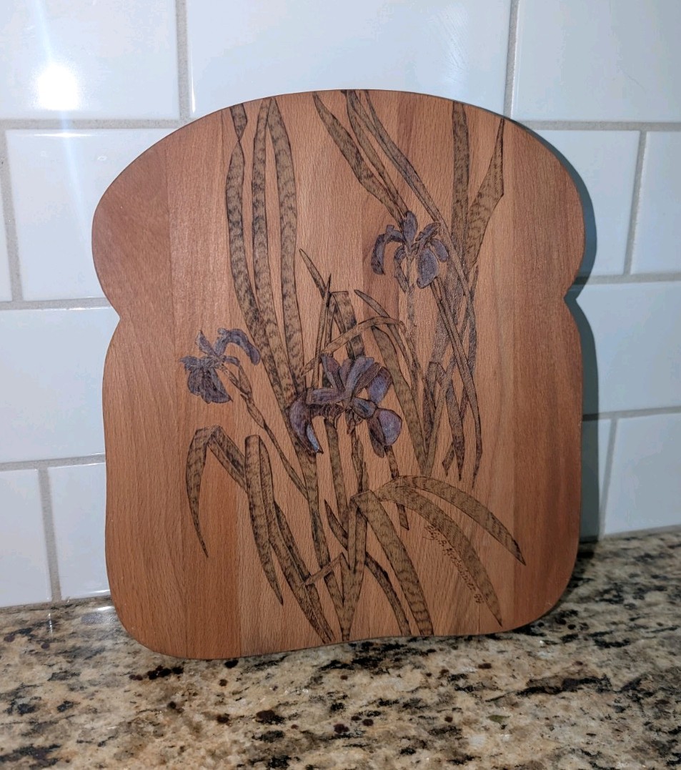 VTG Purple Iris Wood Burning Cutting Board Painted Signed Country Decor Bread