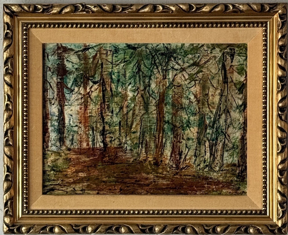 PASCAL CUCARO VINTAGE MODERN ABSTRACT REDWOOD FOREST LANDSCAPE OIL PAINTING 1957