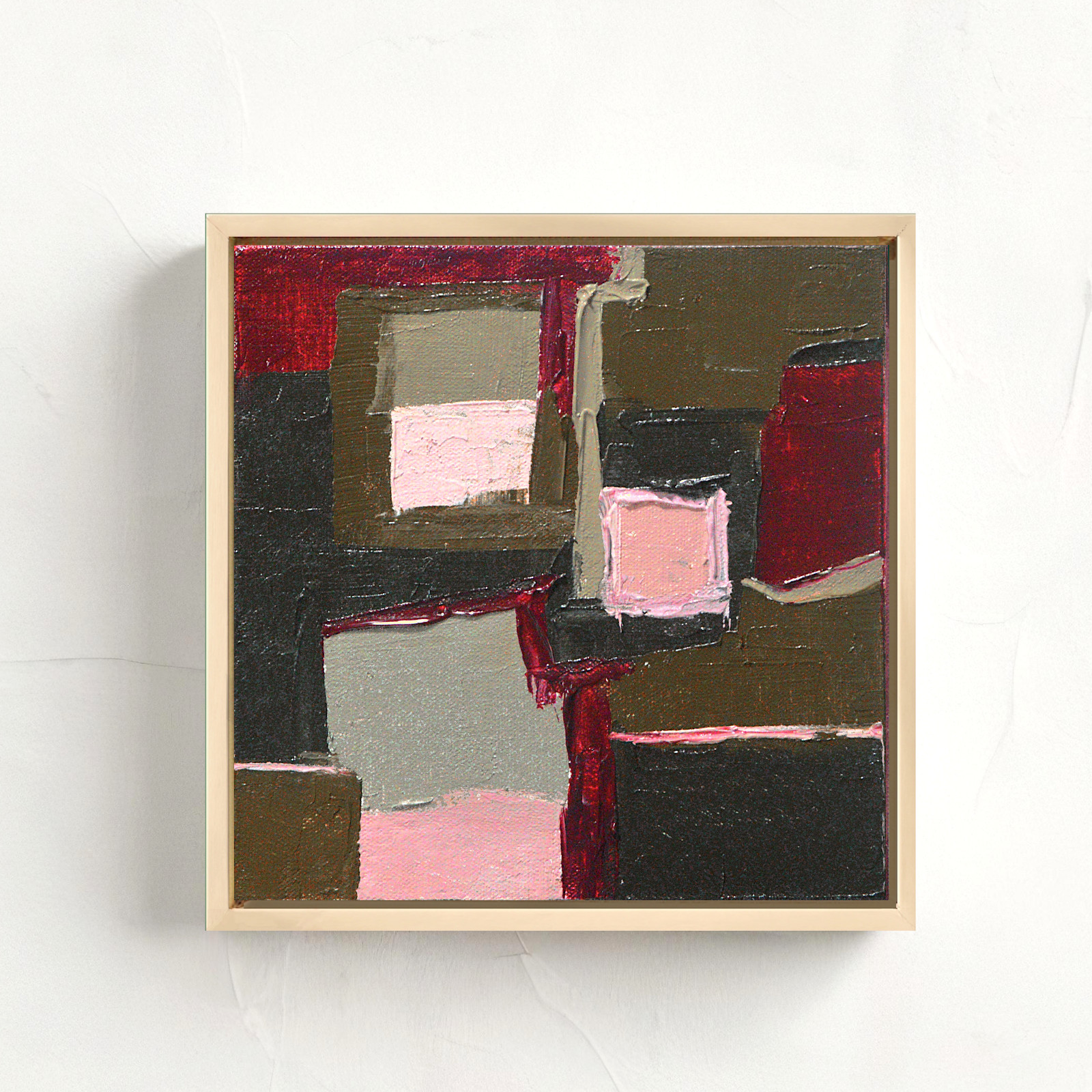 Framed Geometric Abstract Oil Painting Bold Red Pink Olive Green Textured Wall A