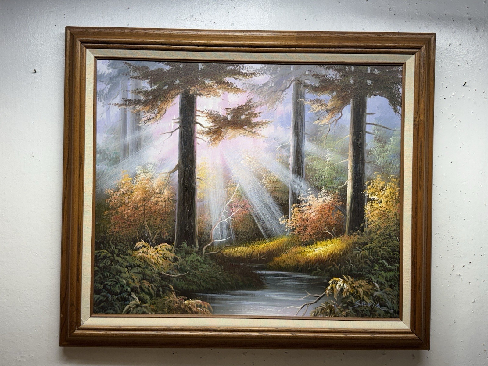 Vintage Golden Hour Forest River Landscape Painting Framed Signed Silvia