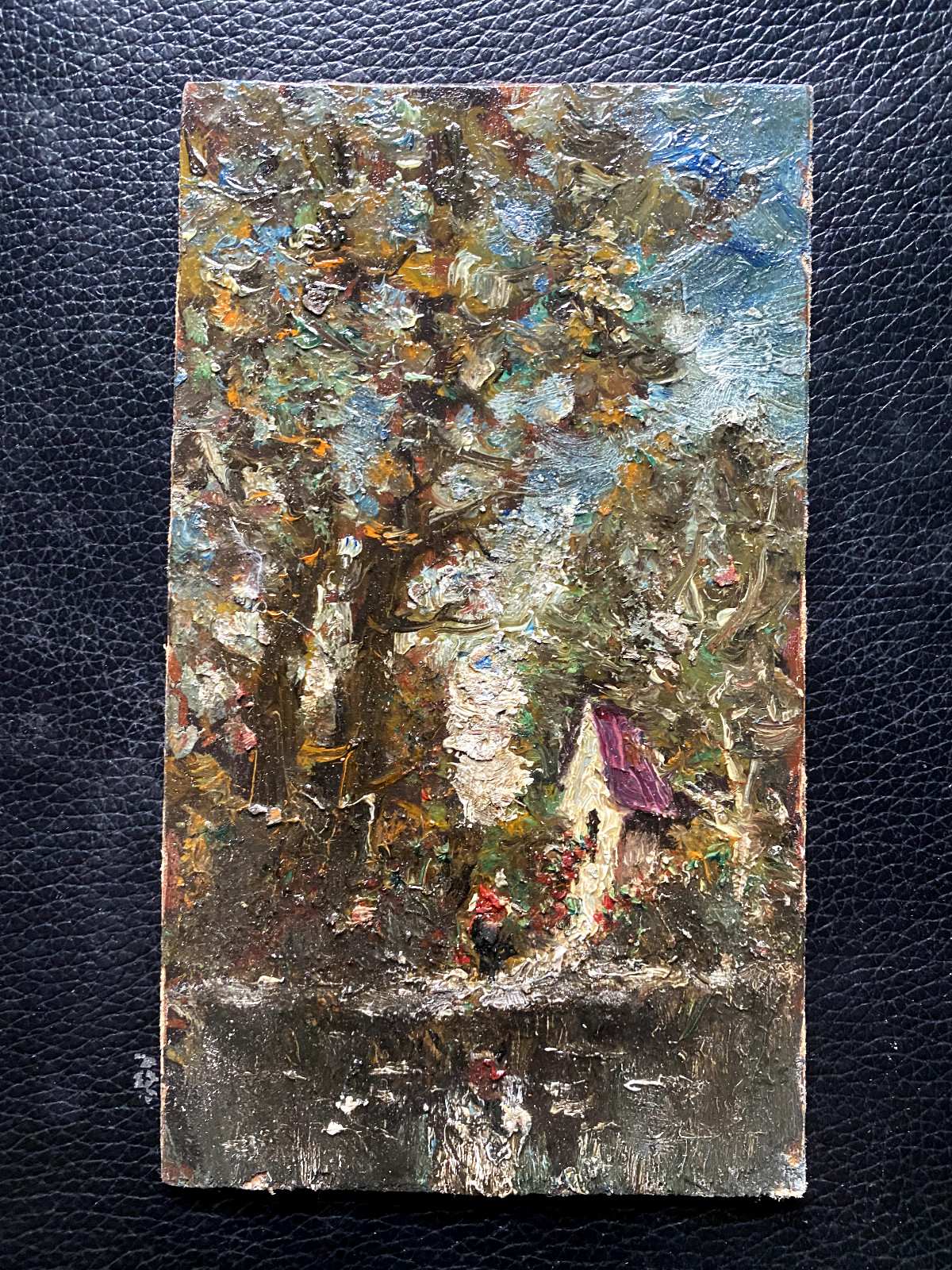Oil Painting Wayside Cross Impressionist Miniature° Girl Antique Unsigned Woods