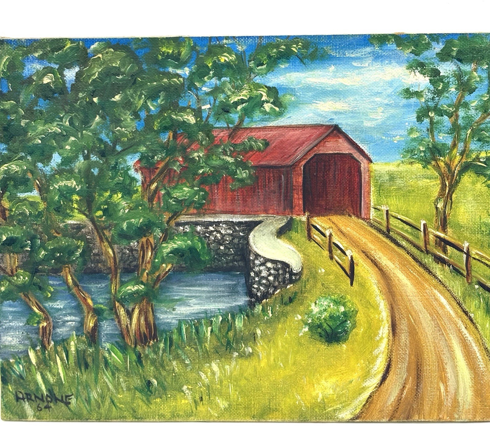 Vtg 1964 Mini Original Oil Painting On Board Red Covered Bridge 7×9” Farmhouse