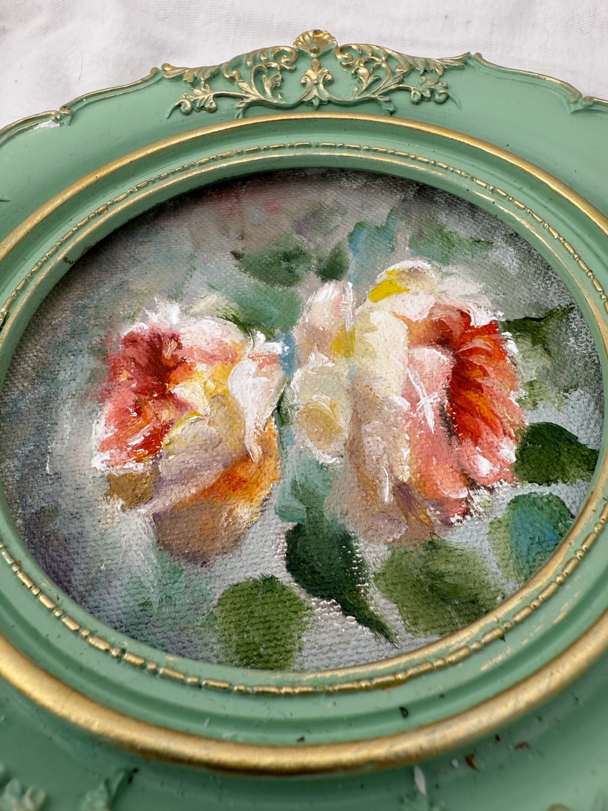 Miniatur Floral Elegance – Original Tiny Oil Painting in Handmade Ornate Baroque