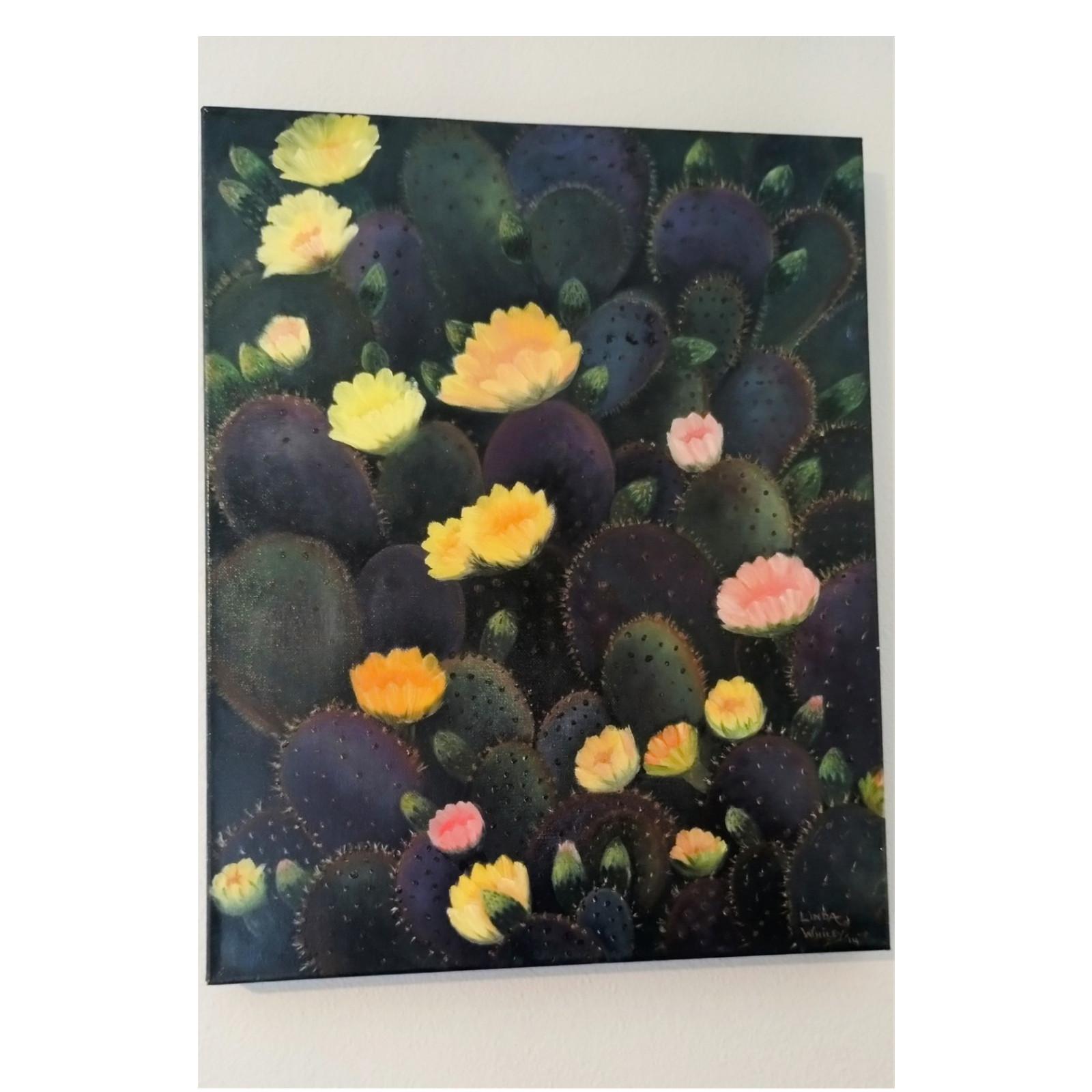 Linda Whaley Oil Painting on Canvas – Cactus Flowers Still Life Art